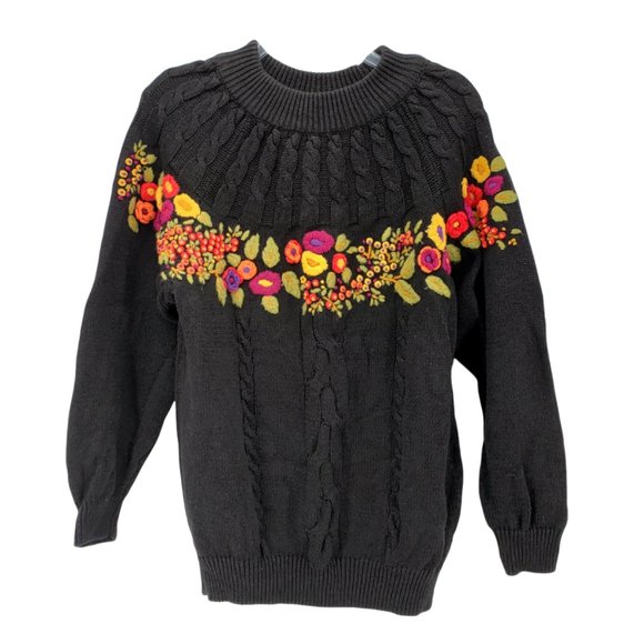 Vintage Sweaters - VINTAGE Embroidered Cable Knit Sweater Crew Neck 80's 90's Retro Cottagecore